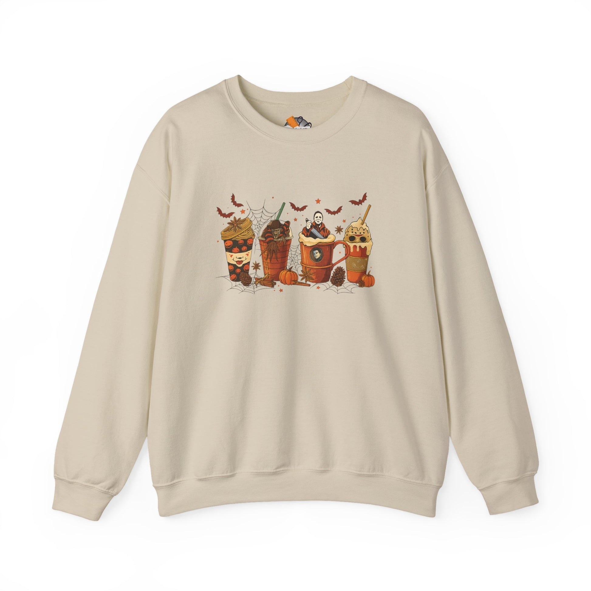 Beige Halloween sweatshirt with scary movie coffee cup and pumpkin design