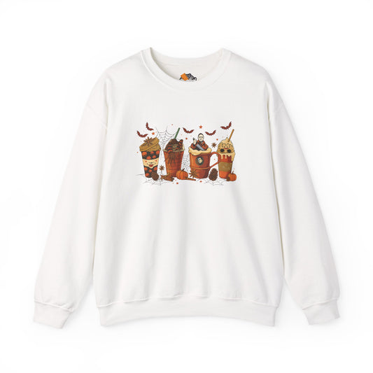 White Halloween crewneck sweatshirt featuring spooky horror movie drink design