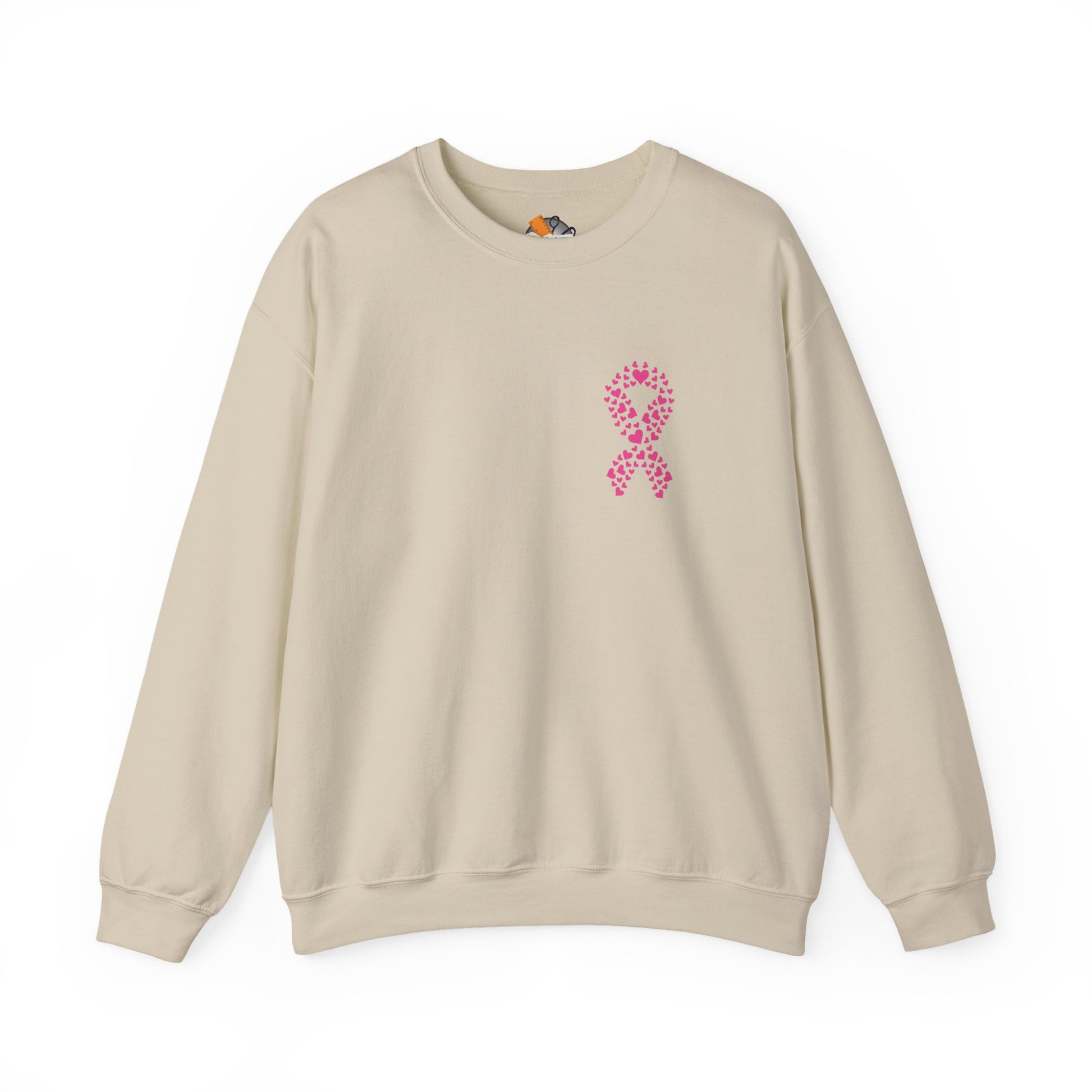 Sand-colored breast cancer awareness crewneck sweatshirt with pink ribbon heart graphic, Makin’ It by Lady Ev.