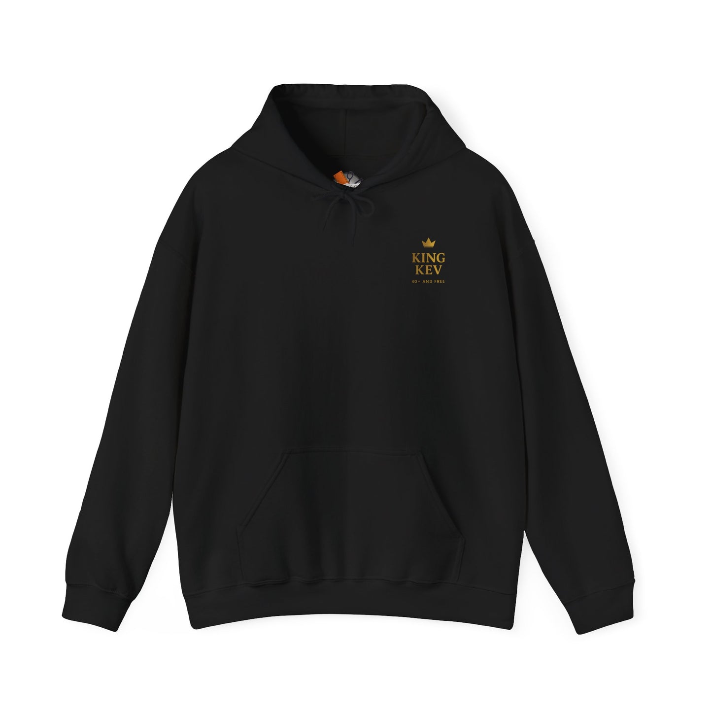 Black King Kev hoodie with gold chest logo and 40+ and Free slogan