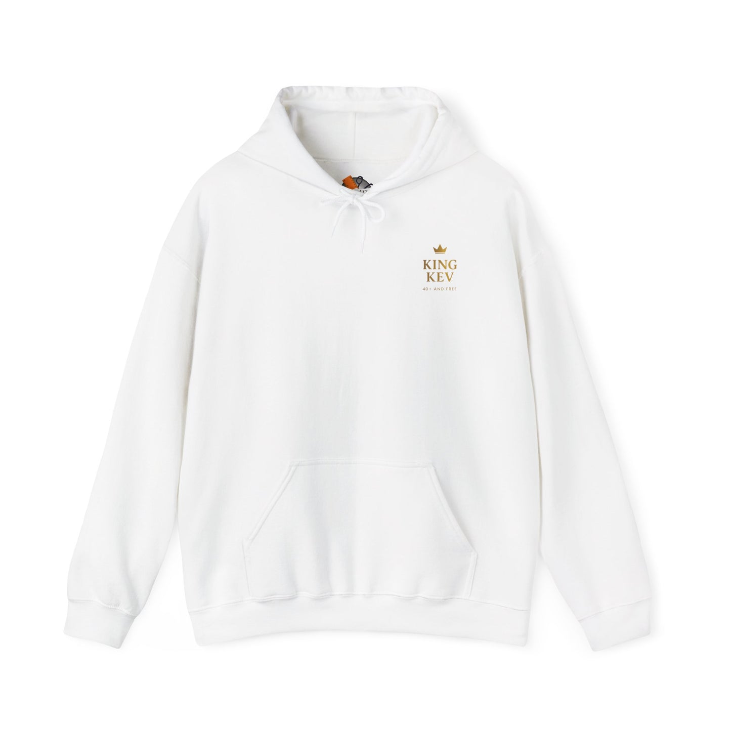 White King Kev hoodie with gold chest logo and 40+ and Free slogan