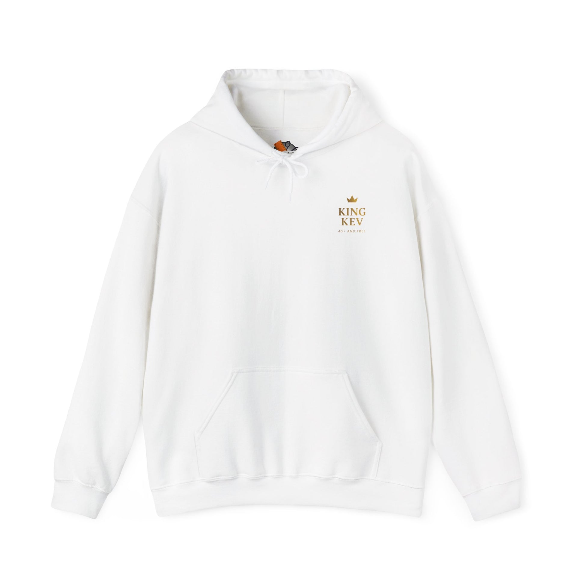 White King Kev hoodie with gold chest logo and 40+ and Free slogan