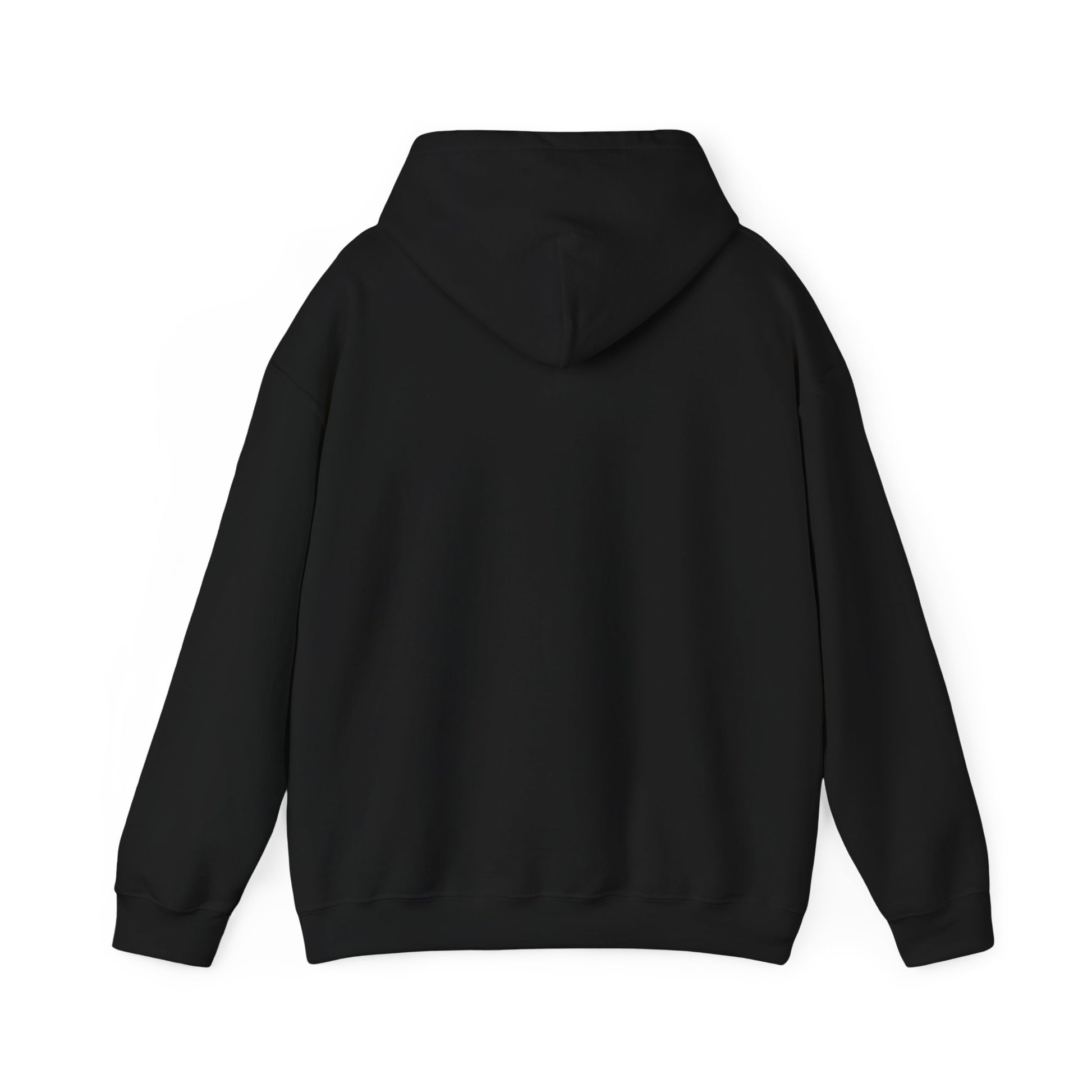 King Kev black hoodie back view, plain design flat lay