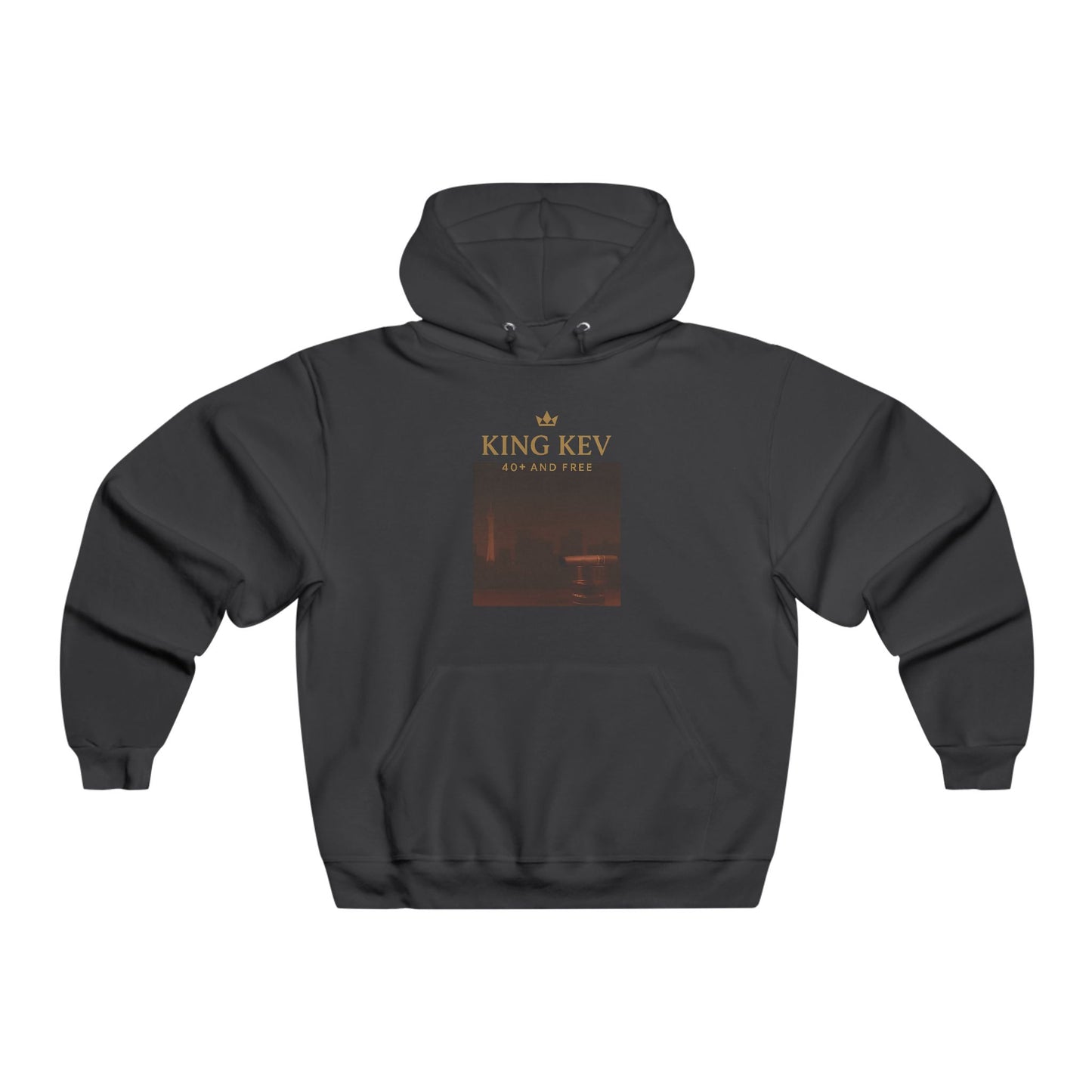 King Kev black hoodie with 40+ and free crown logo and cityscape graphic