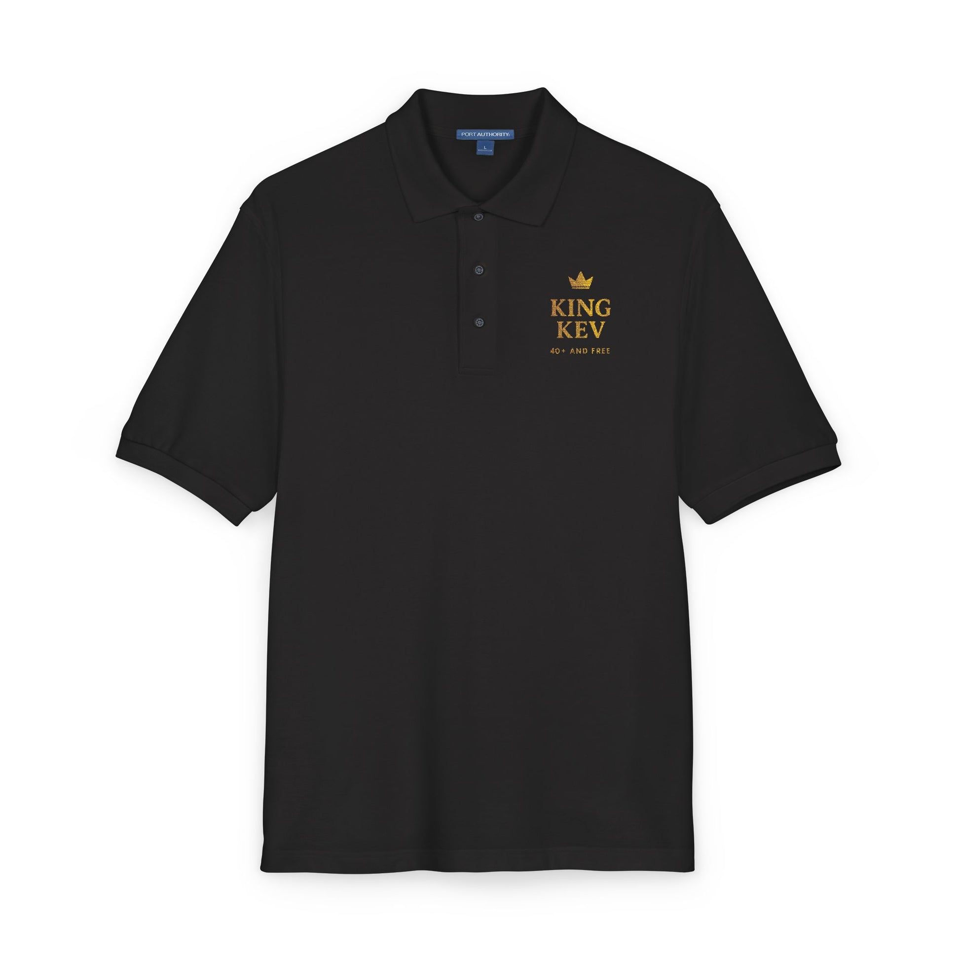 Black short-sleeve polo shirt with gold King Kev 40+ And Free logo on left chest – Makin’ It By Lady Ev.
