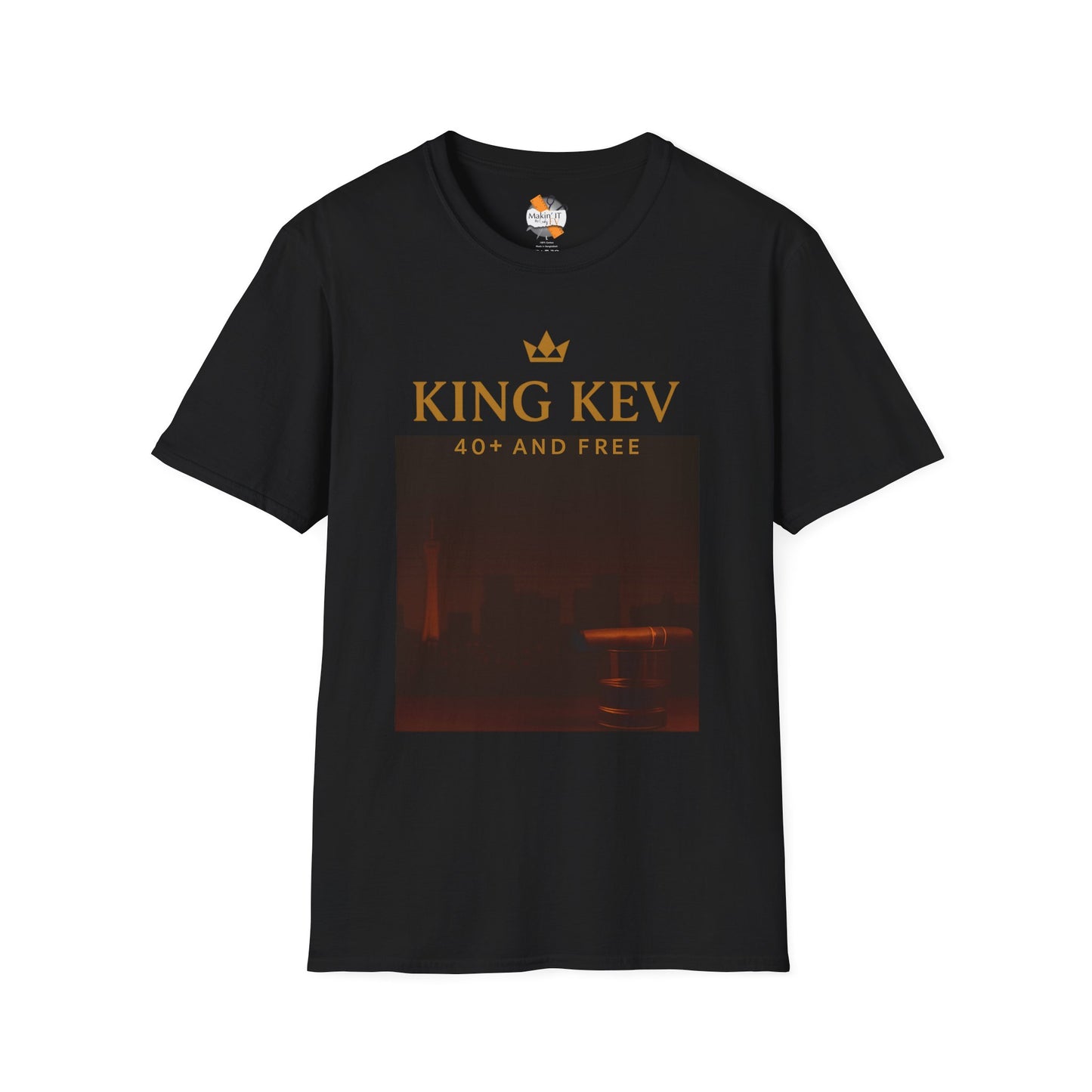 Black unisex t-shirt with large King Kev 40+ And Free graphic in gold and deep red cityscape print – Makin’ It By Lady Ev.