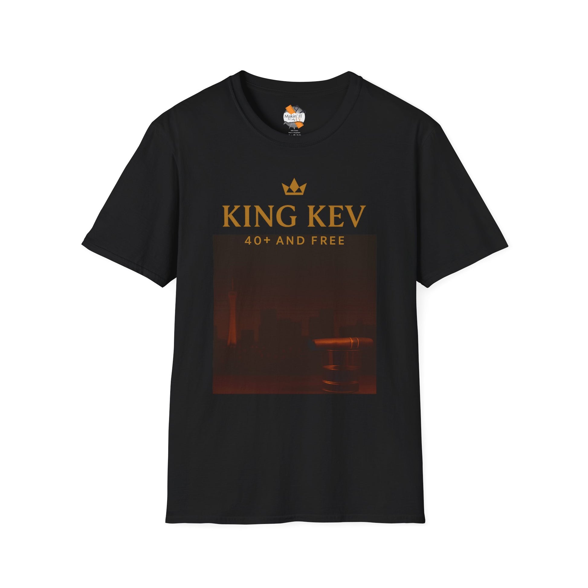 Black unisex t-shirt with large King Kev 40+ And Free graphic in gold and deep red cityscape print – Makin’ It By Lady Ev.