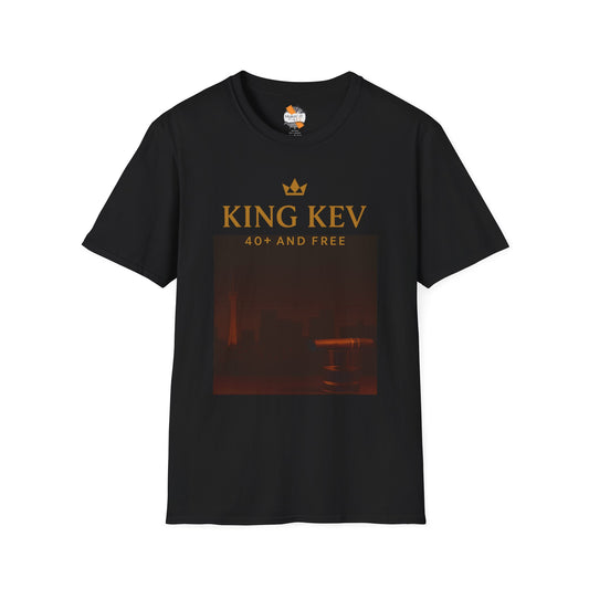 Black unisex t-shirt with large King Kev 40+ And Free graphic in gold and deep red cityscape print – Makin’ It By Lady Ev.