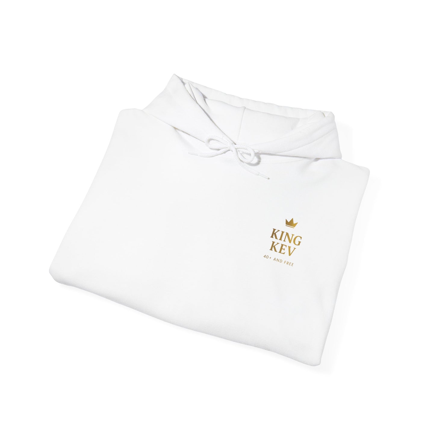 King Kev folded white hoodie with gold crown logo print