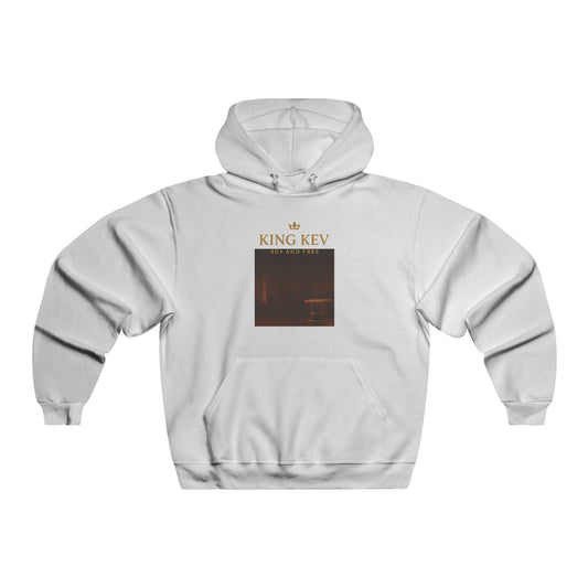 King Kev white hoodie with 40+ and free crown logo and cityscape graphic