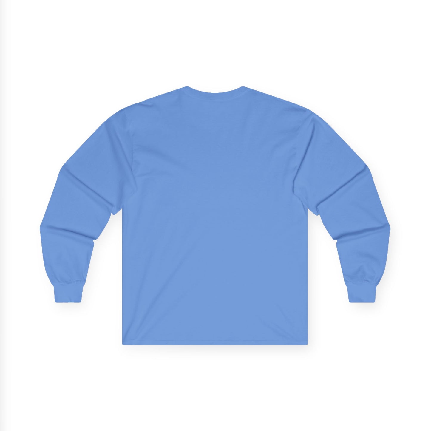 Back view of light blue Gildan 2400 long sleeve unisex t-shirt, featuring cuffed sleeves and solid color design, ideal for custom printing and everyday wear.