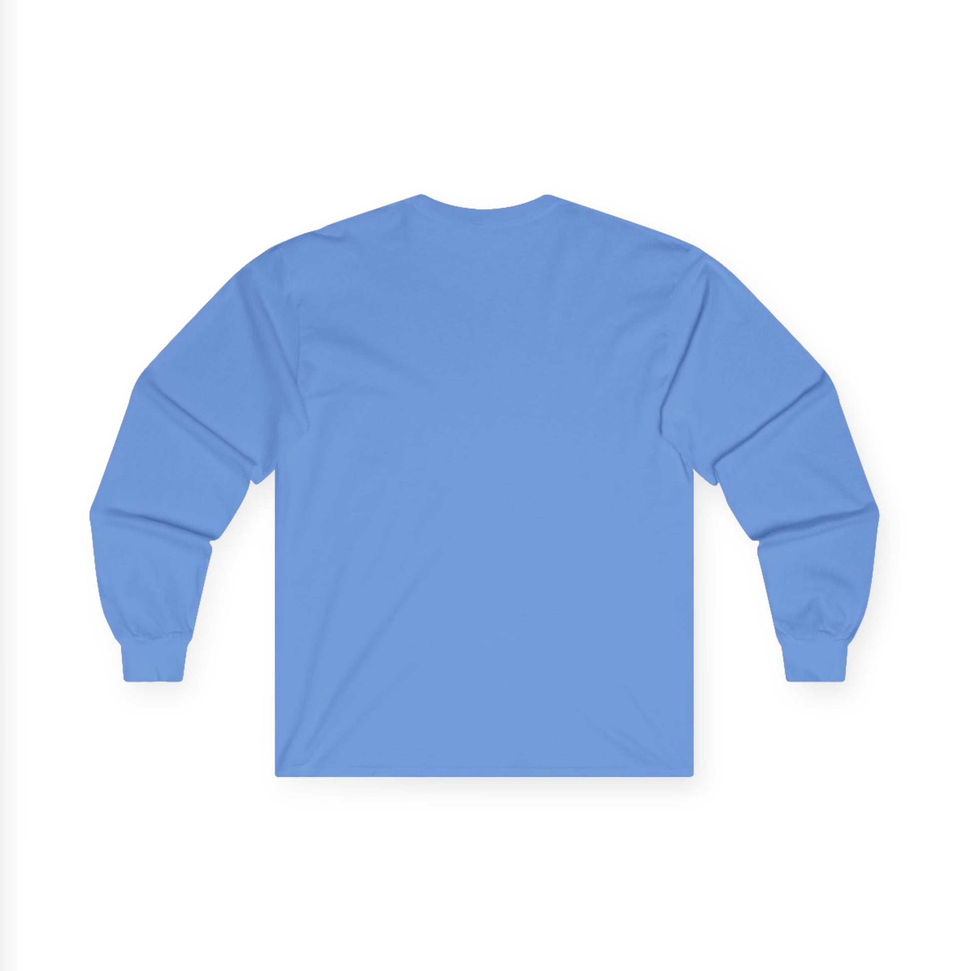 Back view of light blue Gildan 2400 long sleeve unisex t-shirt, featuring cuffed sleeves and solid color design, ideal for custom printing and everyday wear.