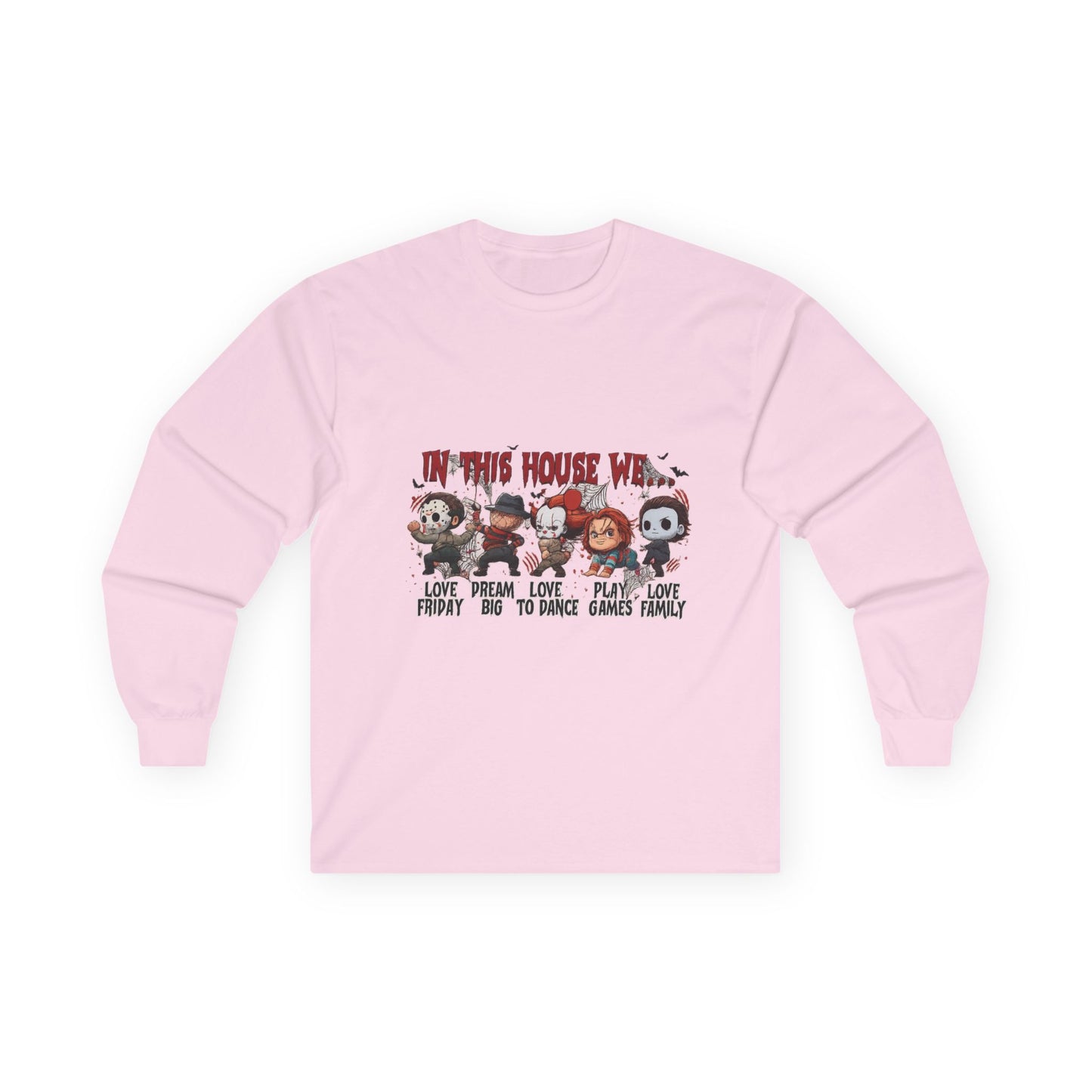 Light pink Gildan 2400 long sleeve unisex t-shirt featuring cute but spooky “In This House We” Halloween horror character design.