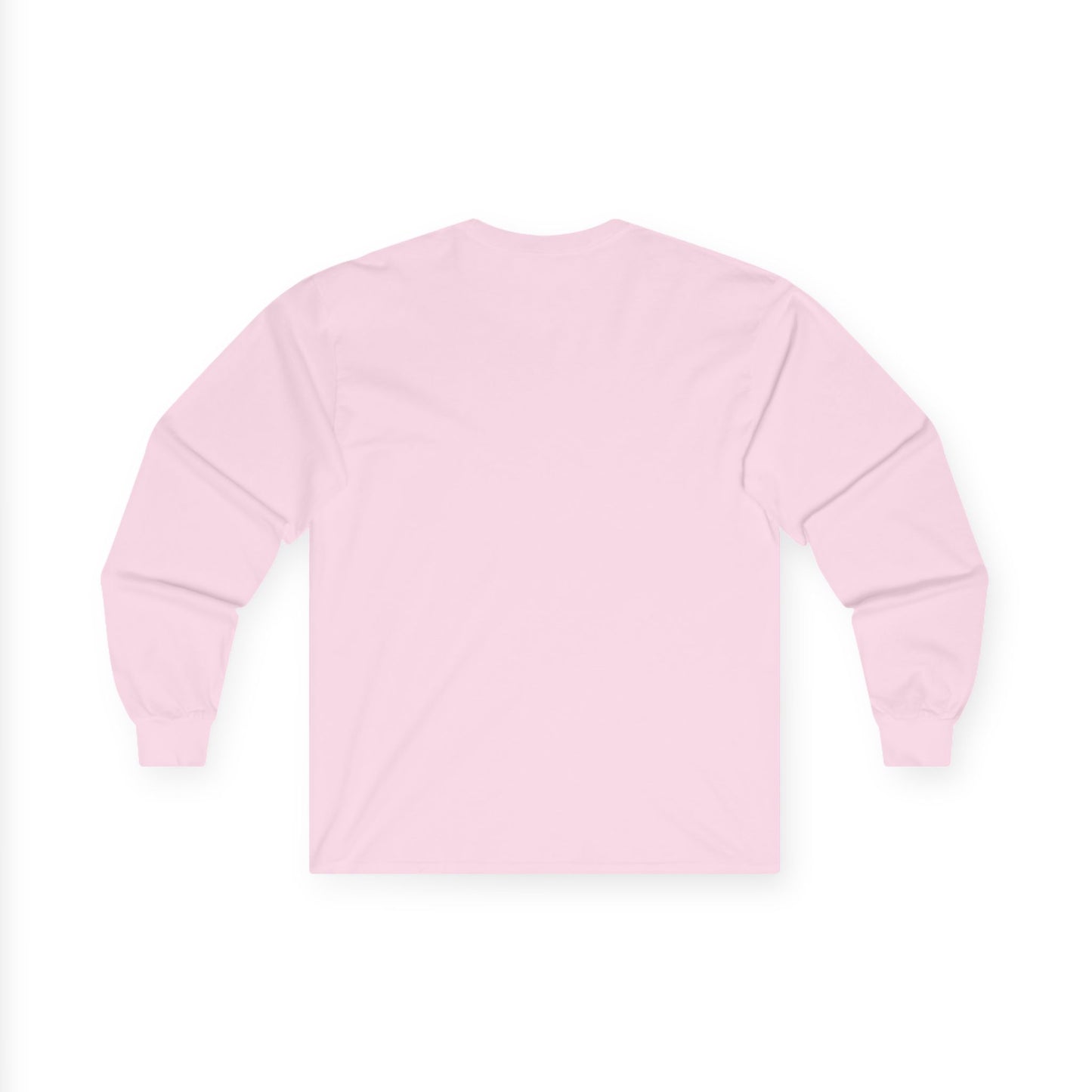 Back view of light pink Gildan 2400 long sleeve unisex t-shirt, showing solid color design with cuffed sleeves, ideal for custom prints and casual wear.