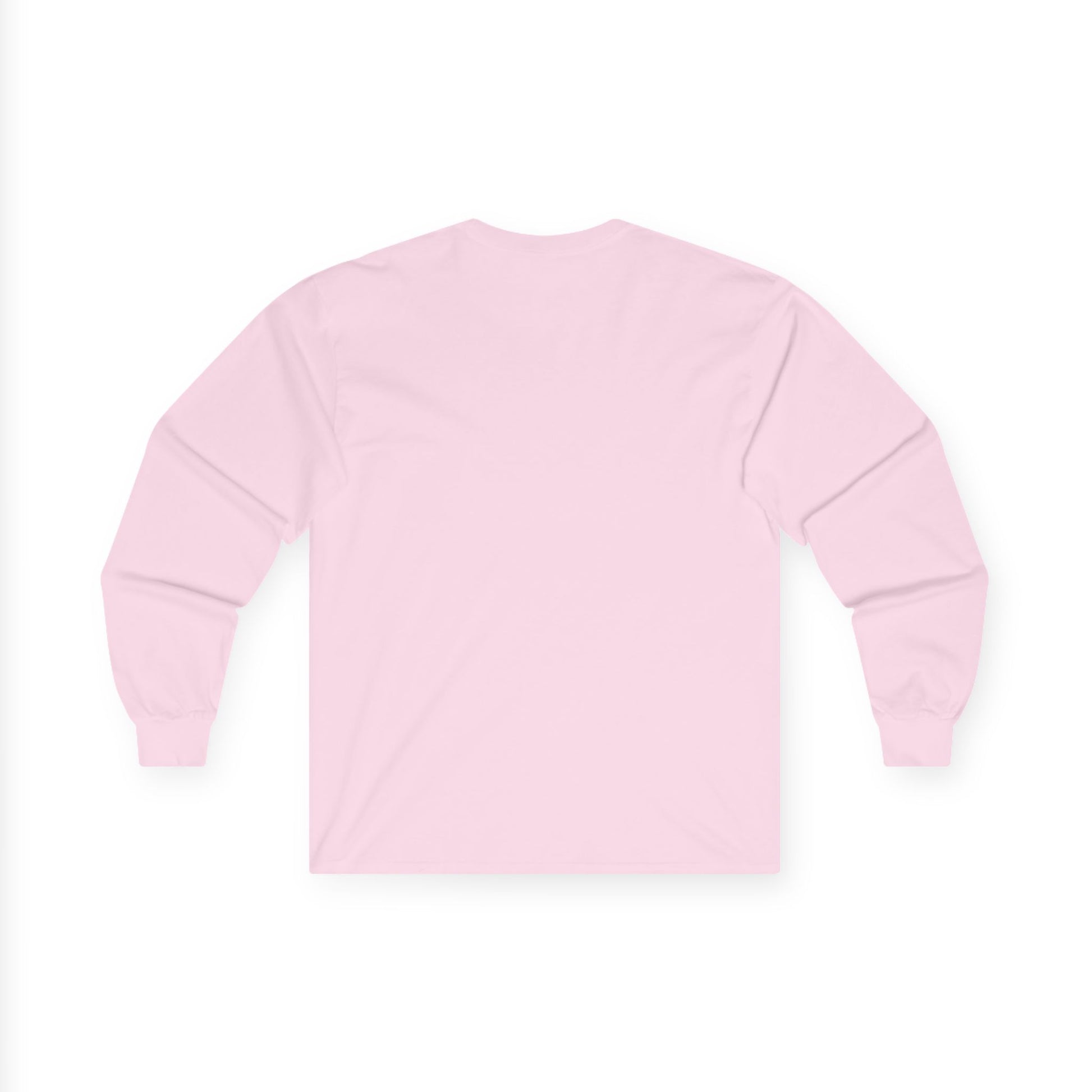 Back view of light pink Gildan 2400 long sleeve unisex t-shirt, showing solid color design with cuffed sleeves, ideal for custom prints and casual wear.