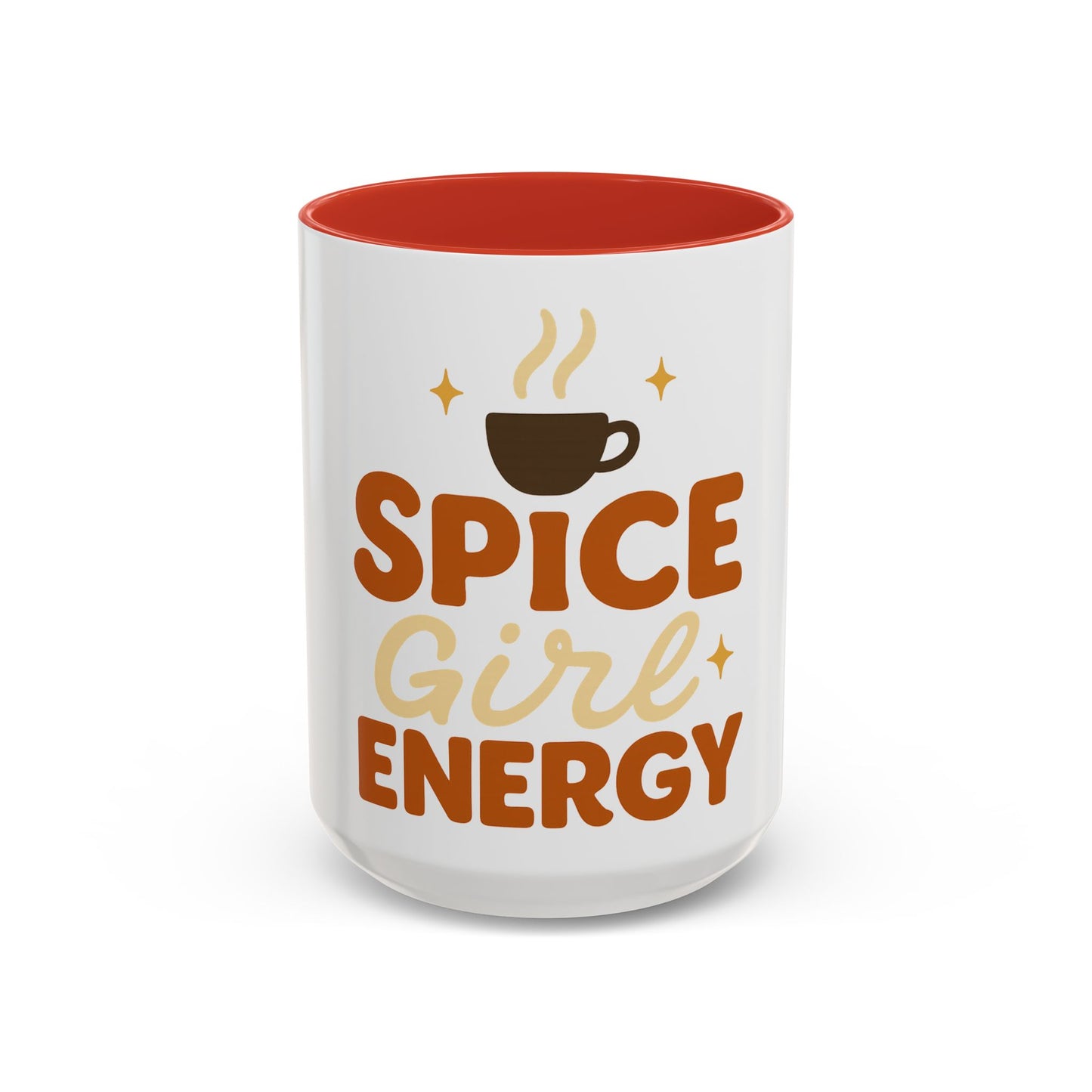 Red accent 15 oz "Spice Girl Energy" mug - bold white ceramic coffee cup with bright red handle and interior, festive fall drinkware for hot cocoa or coffee.