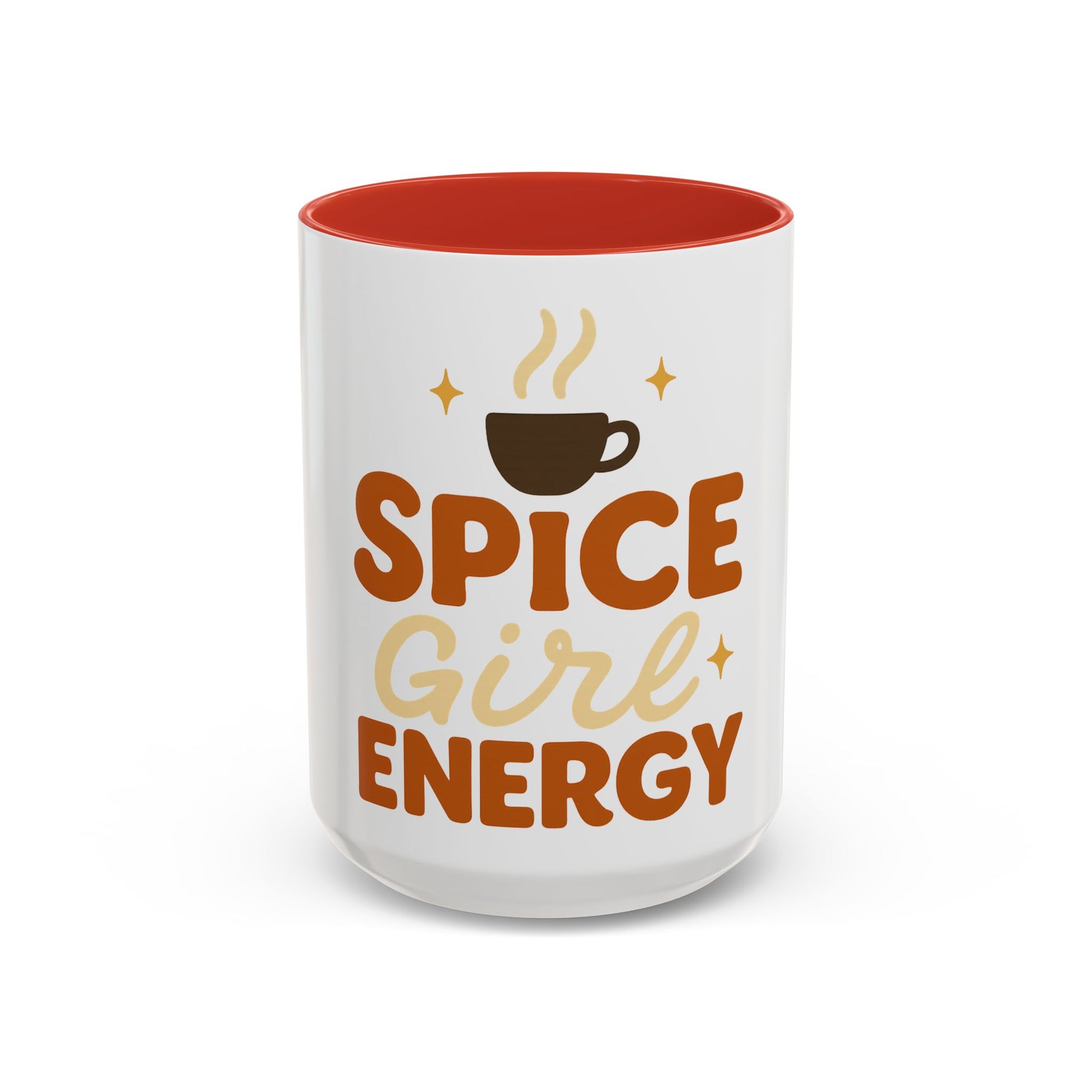 Red accent 15 oz "Spice Girl Energy" mug - bold white ceramic coffee cup with bright red handle and interior, festive fall drinkware for hot cocoa or coffee.