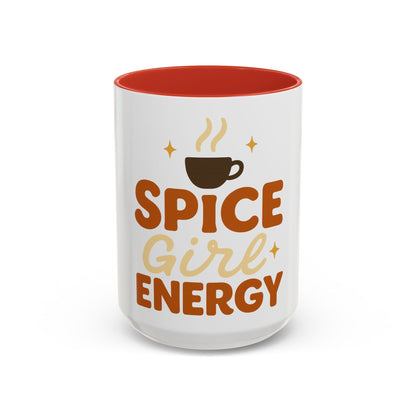 Red accent 15 oz "Spice Girl Energy" mug - bold white ceramic coffee cup with bright red handle and interior, festive fall drinkware for hot cocoa or coffee.