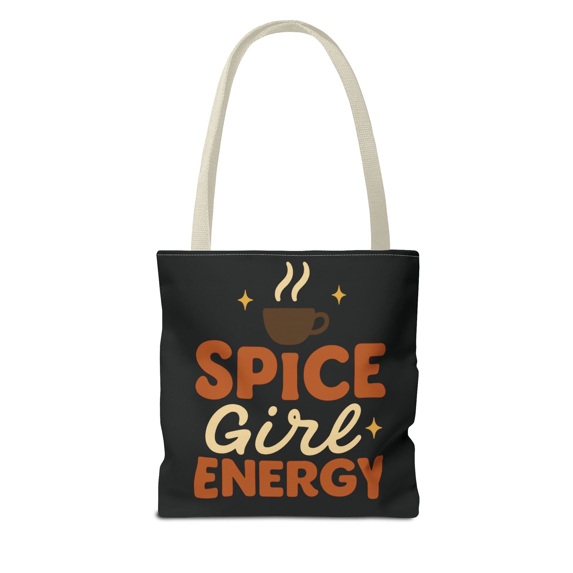Black “Spice Girl Energy” tote bag with beige straps — cozy coffee-themed tote featuring retro lettering and warm fall tones.