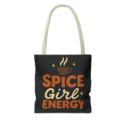 Black “Spice Girl Energy” tote bag with beige straps — cozy coffee-themed tote featuring retro lettering and warm fall tones.