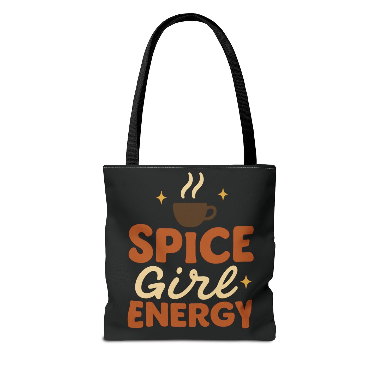 Black “Spice Girl Energy” tote bag with black straps — cozy fall coffee lover tote featuring warm retro lettering and minimalist design.