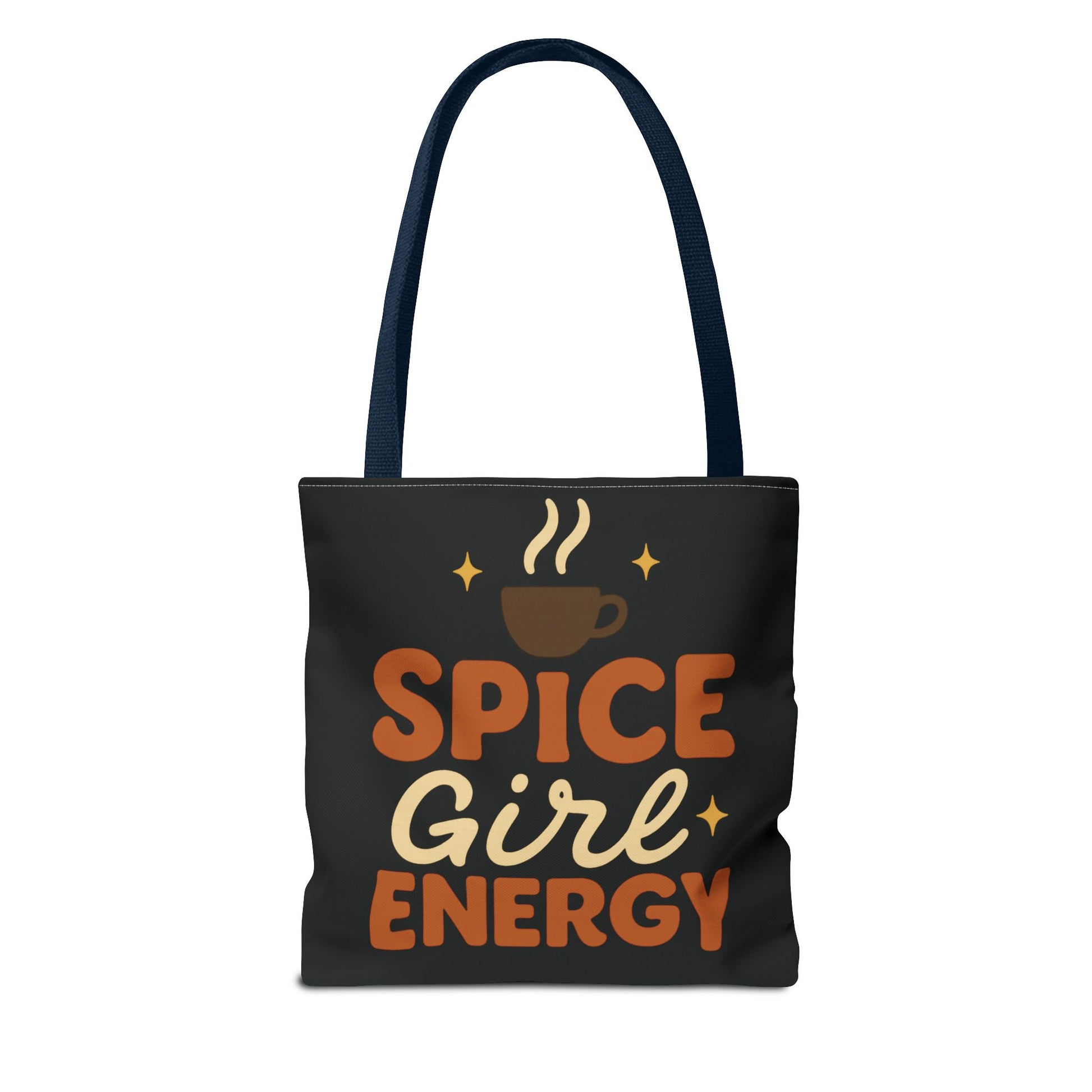 Black “Spice Girl Energy” tote bag with navy straps — retro coffee aesthetic tote with warm typography and fall-inspired design.