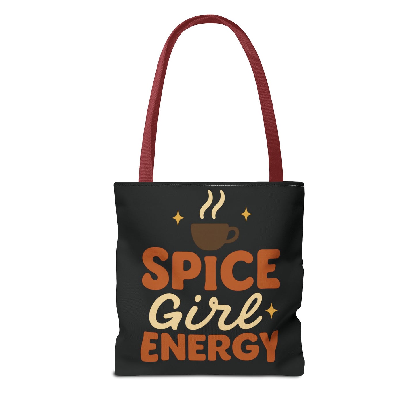 Black “Spice Girl Energy” tote bag with red straps — warm fall-themed coffee lover tote featuring retro typography and cozy tones.