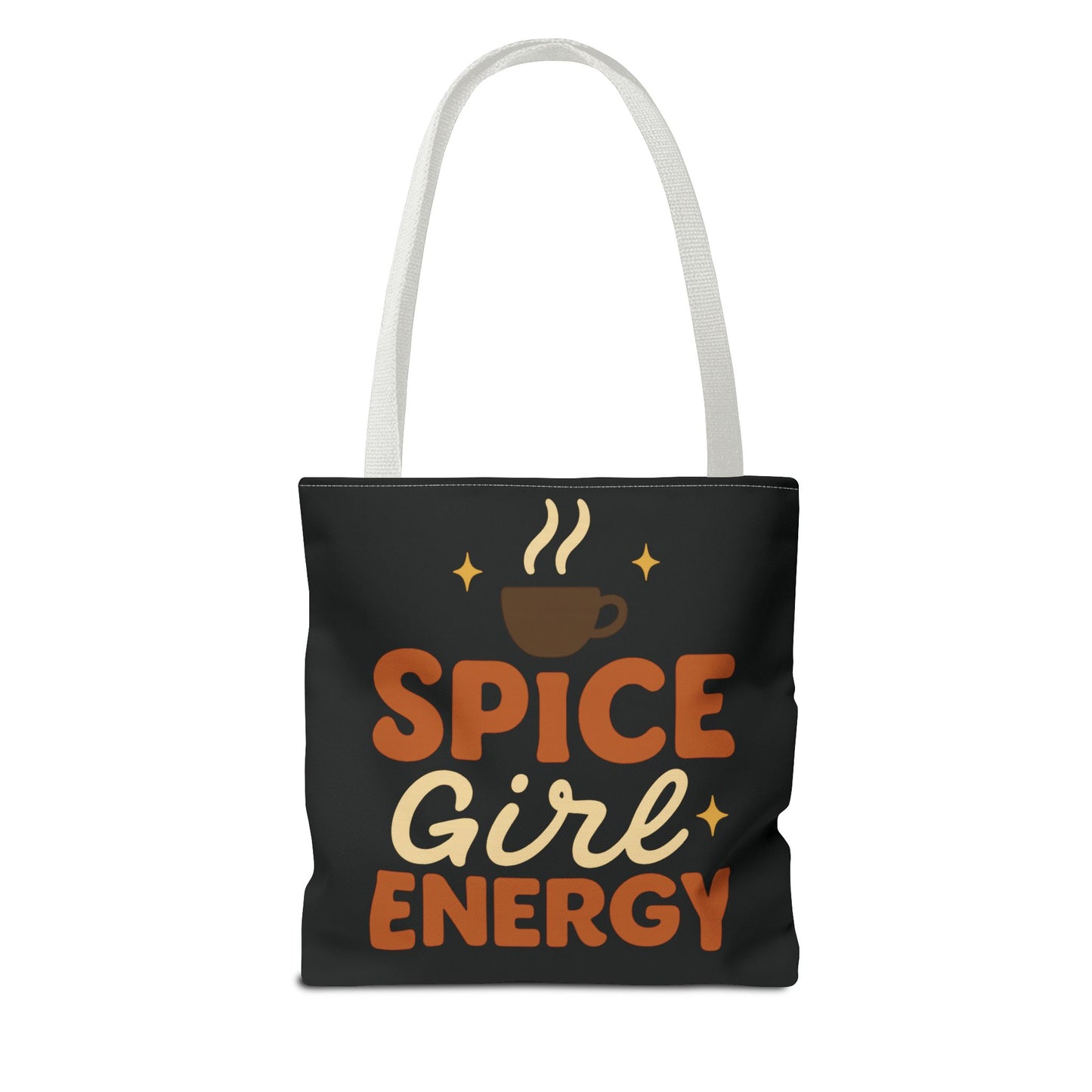 Black “Spice Girl Energy” tote bag with white straps — minimalist coffee aesthetic tote with warm fall lettering and cozy style.