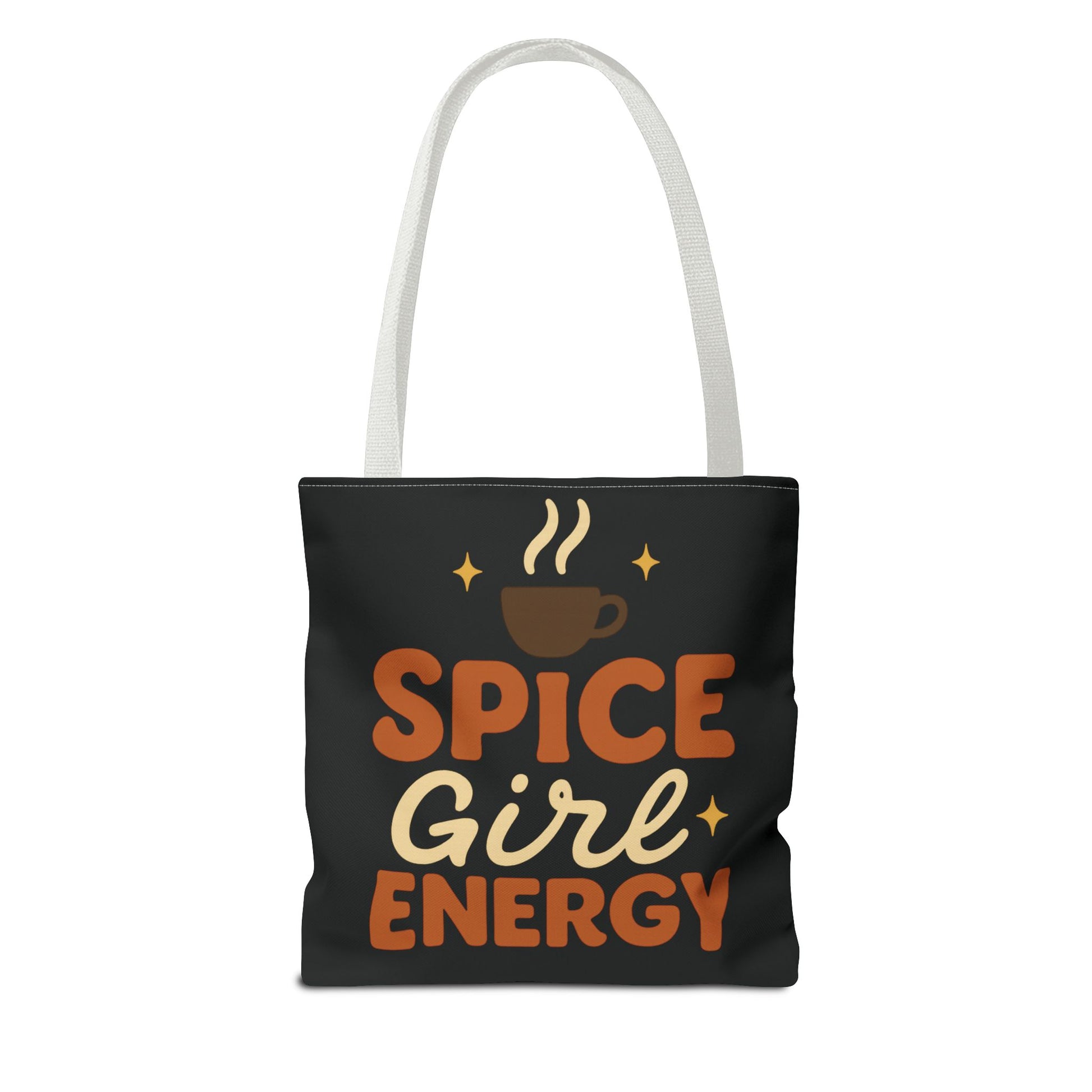 Black “Spice Girl Energy” tote bag with white straps — minimalist coffee aesthetic tote with warm fall lettering and cozy style.