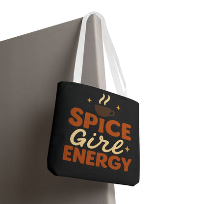 “Spice Girl Energy” tote bag in black with white straps hanging — stylish coffee-inspired tote bag for gifting and fall fashion.
