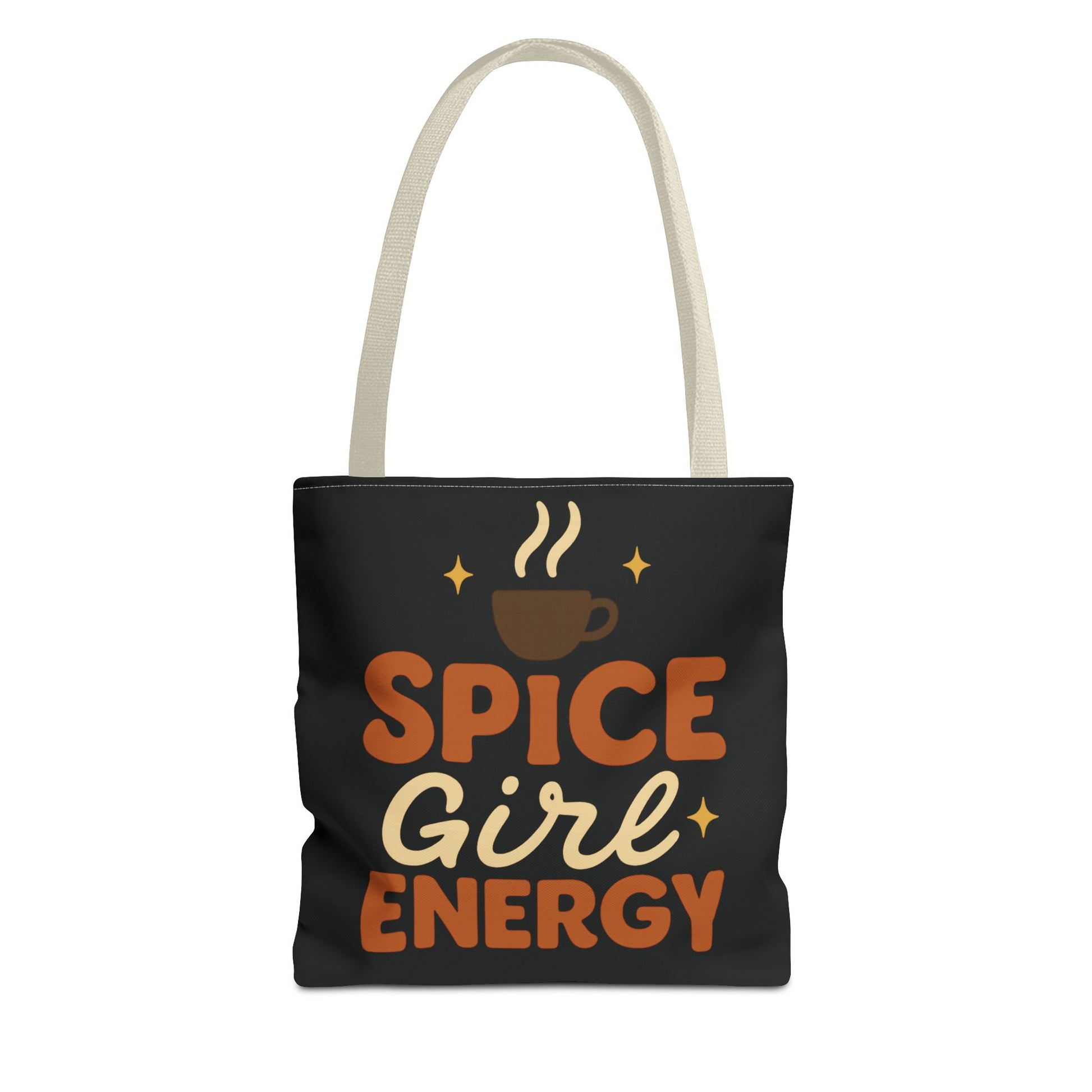Black “Spice Girl Energy” tote bag with beige straps — cozy coffee-themed tote featuring retro lettering and warm fall tones.