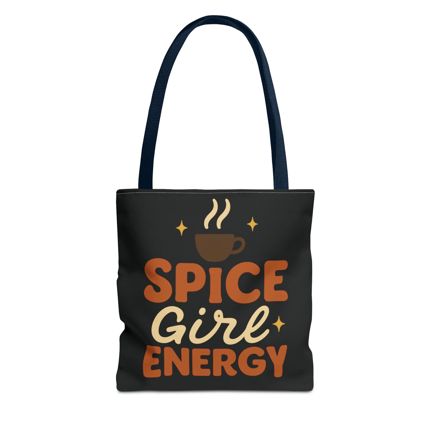 Black “Spice Girl Energy” tote bag with navy straps — retro coffee aesthetic tote with warm typography and fall-inspired design.