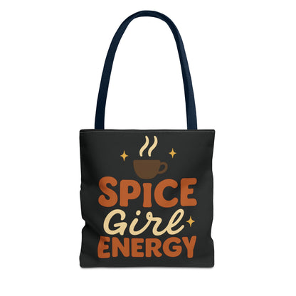 Black “Spice Girl Energy” tote bag with navy straps — retro coffee aesthetic tote with warm typography and fall-inspired design.