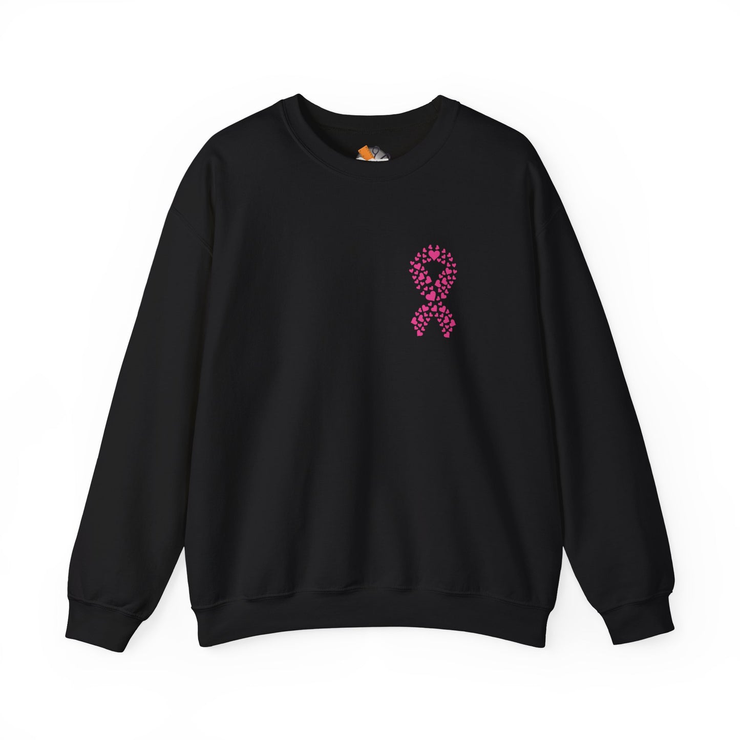 Black crewneck sweatshirt featuring pink heart ribbon design supporting breast cancer awareness, Makin’ It by Lady Ev.