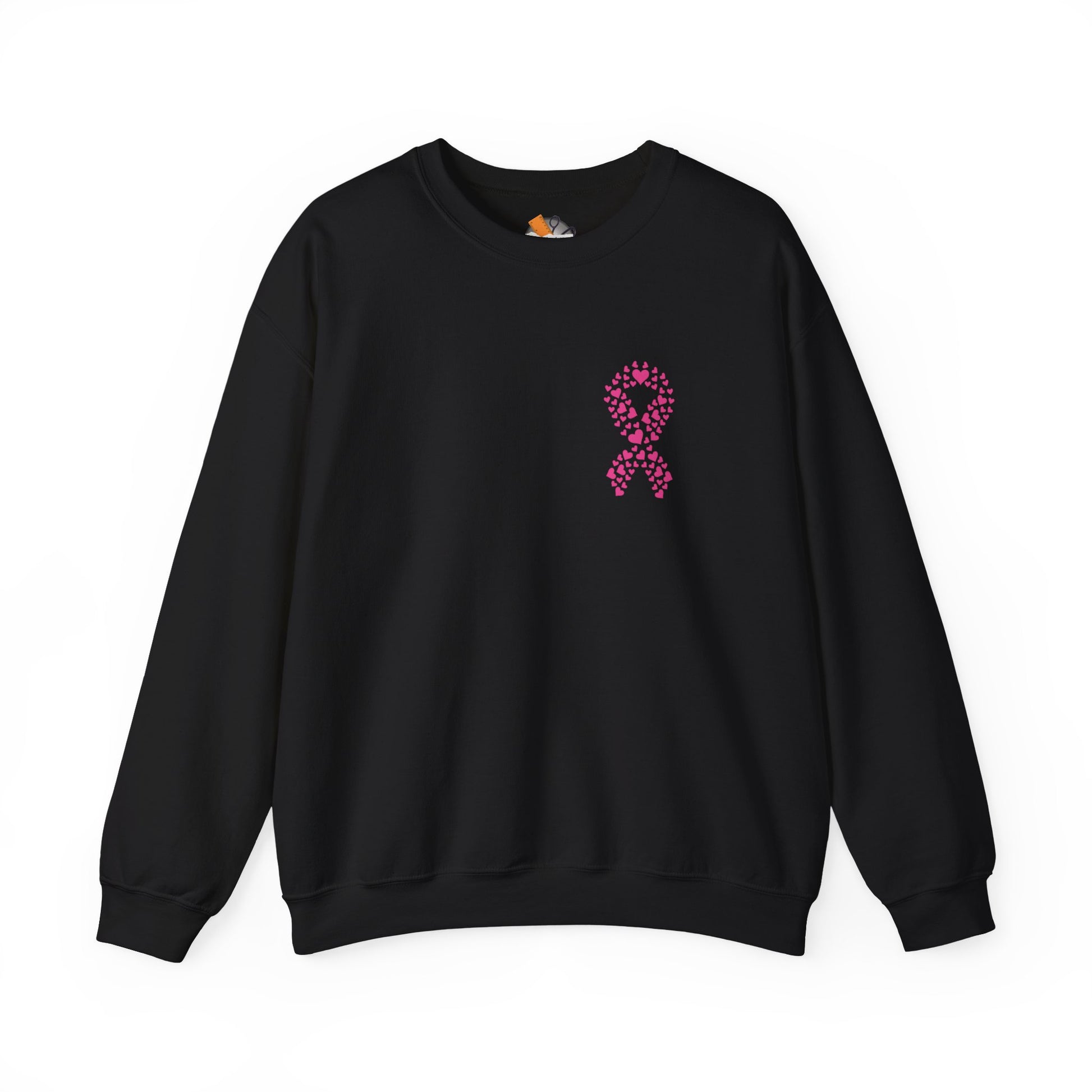 Black crewneck sweatshirt featuring pink heart ribbon design supporting breast cancer awareness, Makin’ It by Lady Ev.