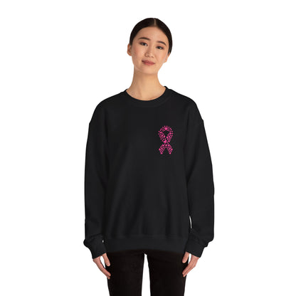 Woman wearing black breast cancer awareness crewneck sweatshirt featuring pink ribbon made of hearts, Makin’ It by Lady Ev.