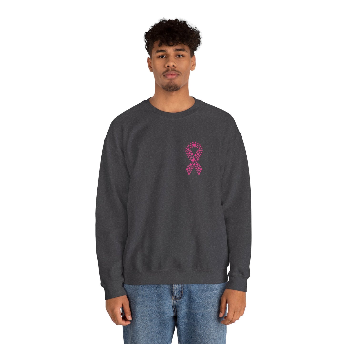 Man wearing charcoal gray breast cancer awareness crewneck sweatshirt with pink ribbon of hearts design, Makin’ It by Lady Ev.