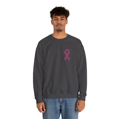Man wearing charcoal gray breast cancer awareness crewneck sweatshirt with pink ribbon of hearts design, Makin’ It by Lady Ev.