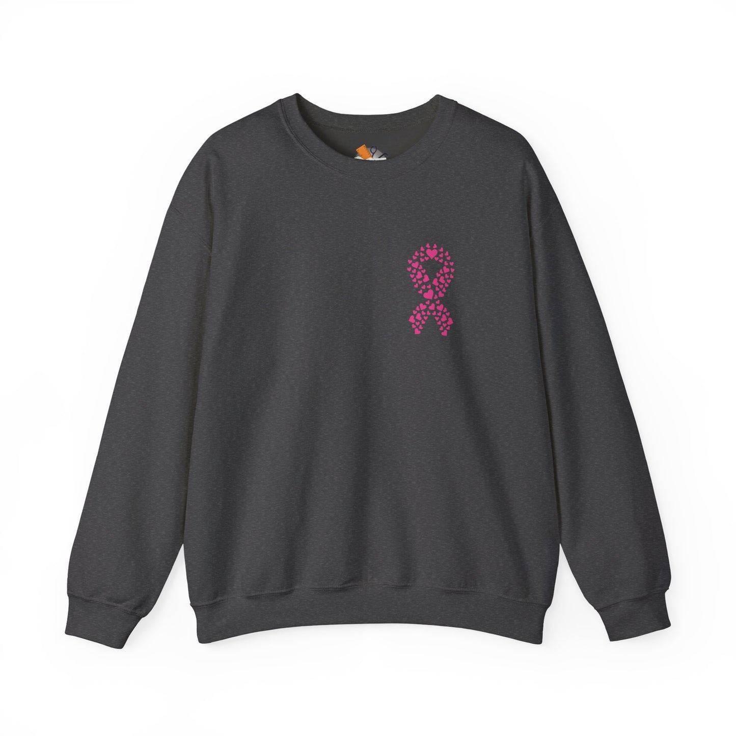 Charcoal grey crewneck sweatshirt with pink heart ribbon breast cancer awareness design, Makin’ It by Lady Ev.