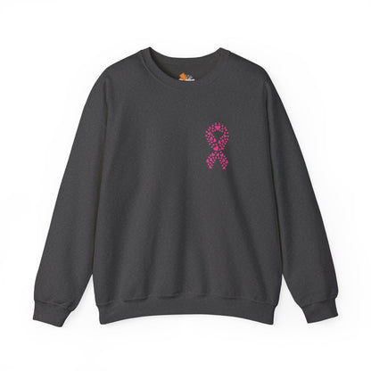 Charcoal grey crewneck sweatshirt with pink heart ribbon breast cancer awareness design, Makin’ It by Lady Ev.