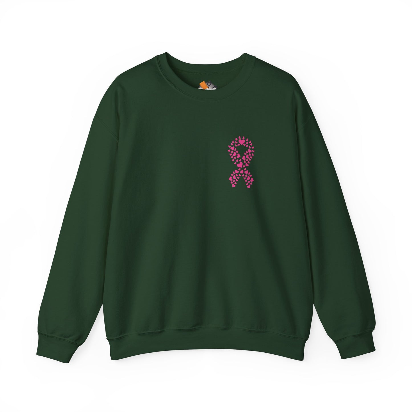 Forest green breast cancer awareness crewneck sweatshirt with pink ribbon of hearts design, Makin’ It by Lady Ev.