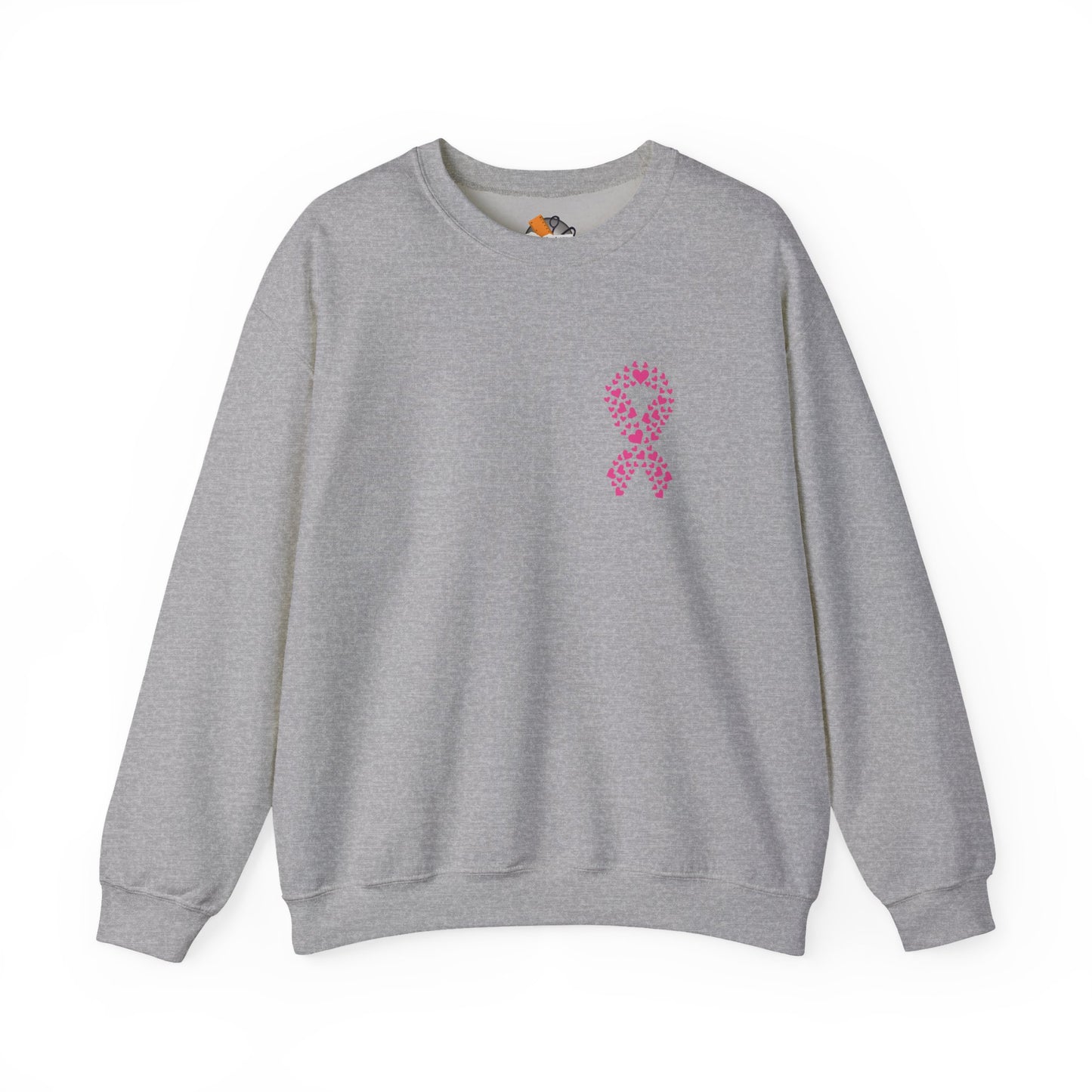 Grey crewneck sweatshirt with pink heart-shaped ribbon design for breast cancer awareness, Makin’ It by Lady Ev.