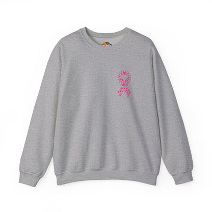 Grey crewneck sweatshirt with pink heart-shaped ribbon design for breast cancer awareness, Makin’ It by Lady Ev.