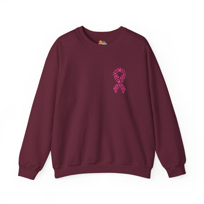 Maroon crewneck sweatshirt featuring pink heart ribbon graphic for breast cancer awareness, Makin’ It by Lady Ev.
