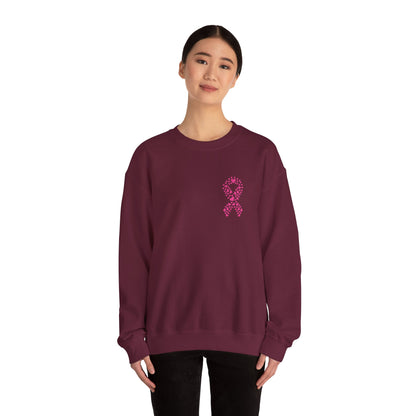 Woman wearing maroon breast cancer awareness crewneck sweatshirt with pink ribbon made of hearts, Makin’ It by Lady Ev.