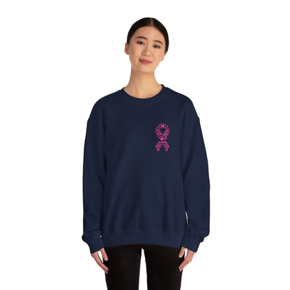 Woman wearing navy blue breast cancer awareness crewneck sweatshirt featuring pink heart ribbon graphic, Makin’ It by Lady Ev