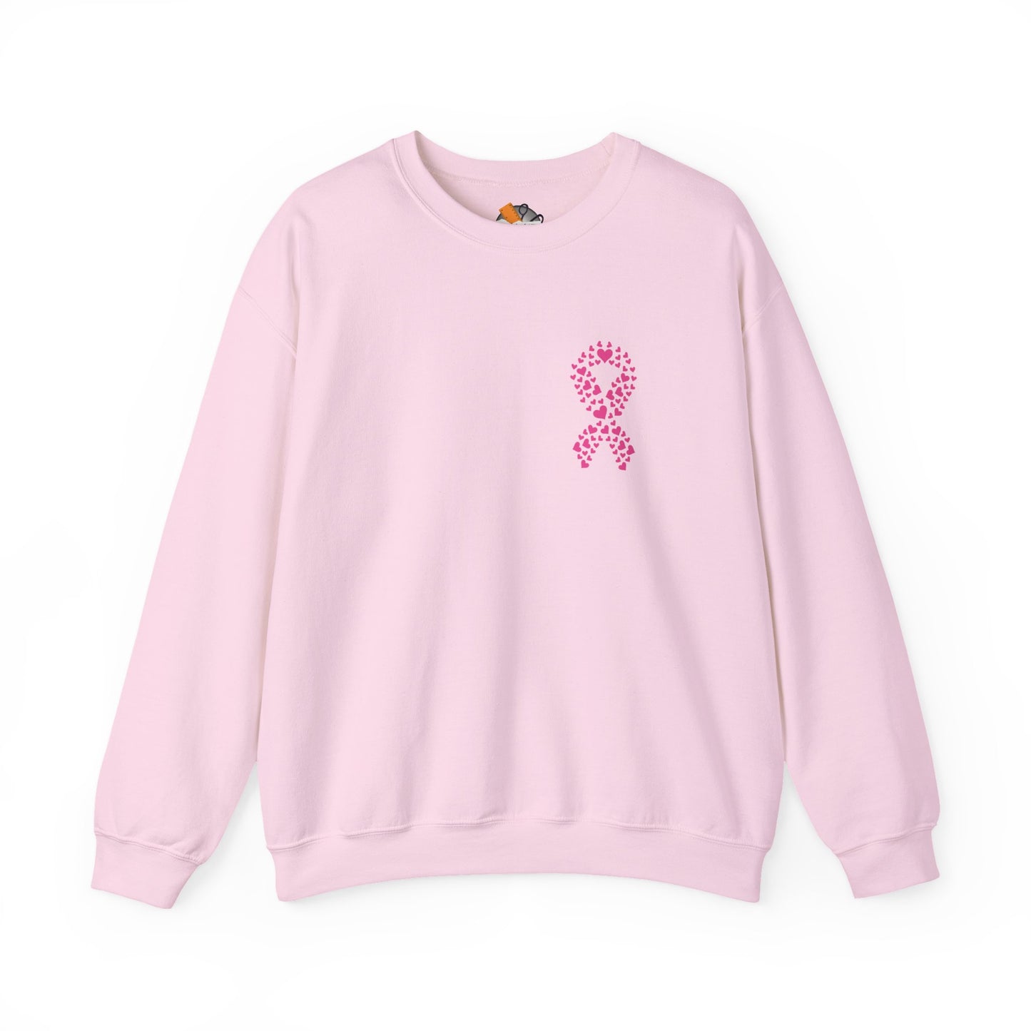 Pink crewneck sweatshirt featuring pink heart ribbon breast cancer awareness design, Makin’ It by Lady Ev.