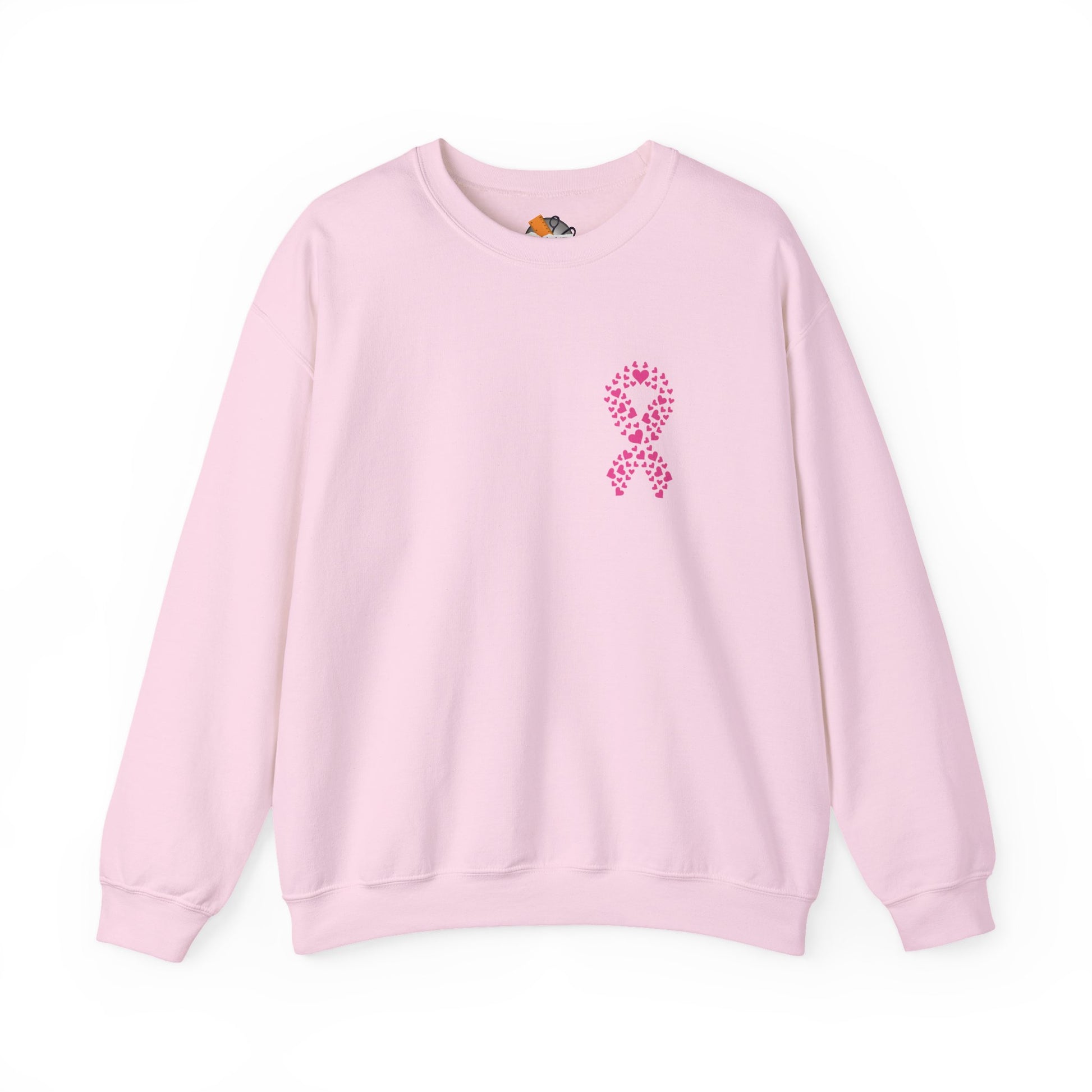 Pink crewneck sweatshirt featuring pink heart ribbon breast cancer awareness design, Makin’ It by Lady Ev.
