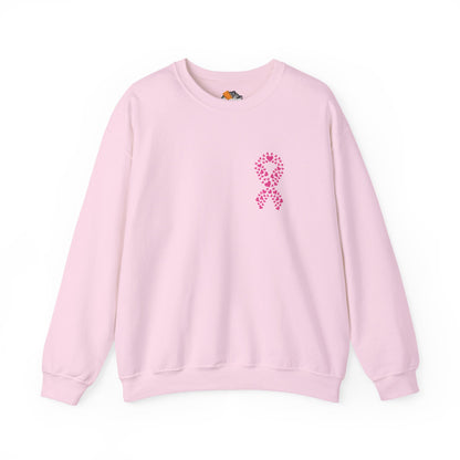 Pink crewneck sweatshirt featuring pink heart ribbon breast cancer awareness design, Makin’ It by Lady Ev.