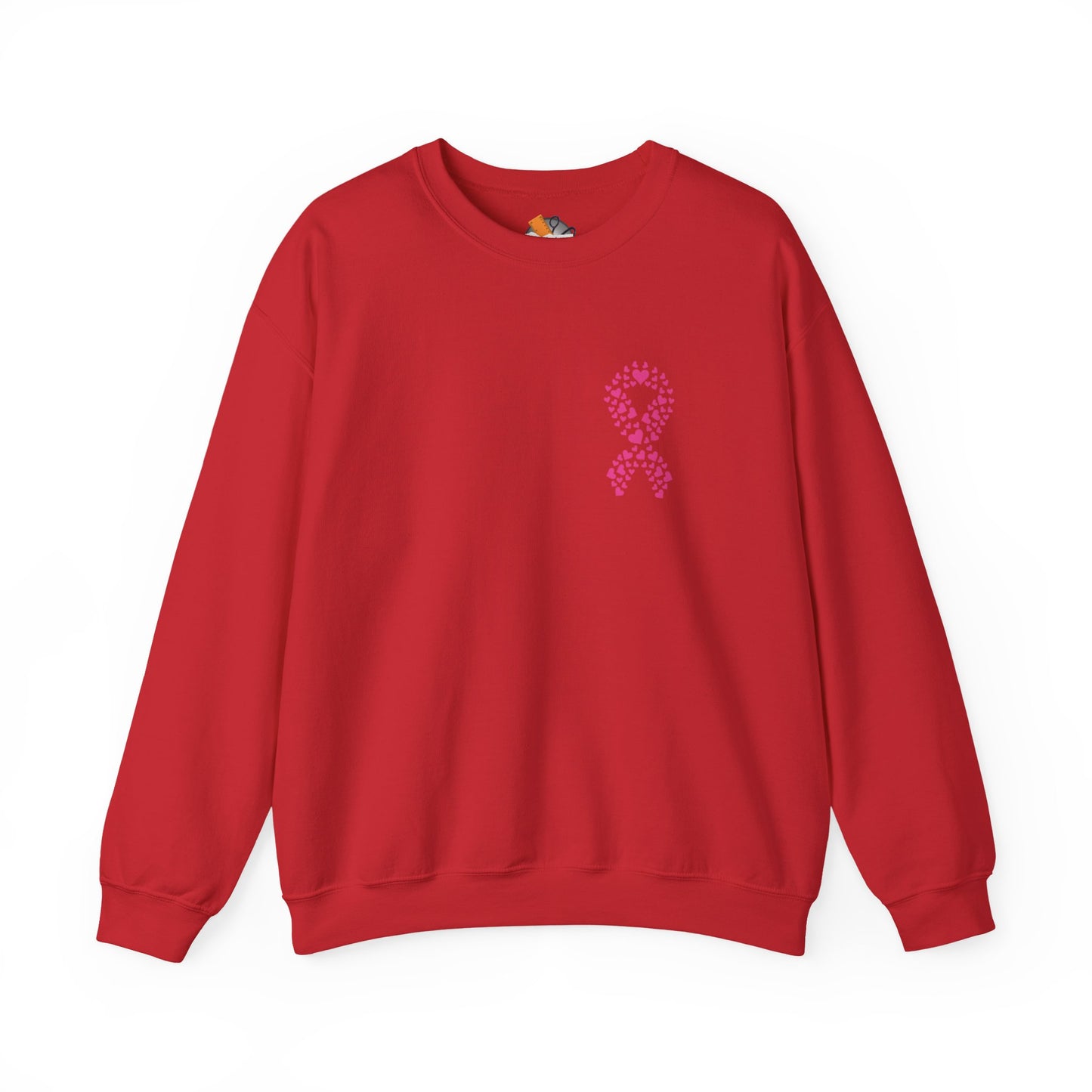 Red breast cancer awareness crewneck sweatshirt with pink heart ribbon emblem, Makin’ It by Lady Ev
